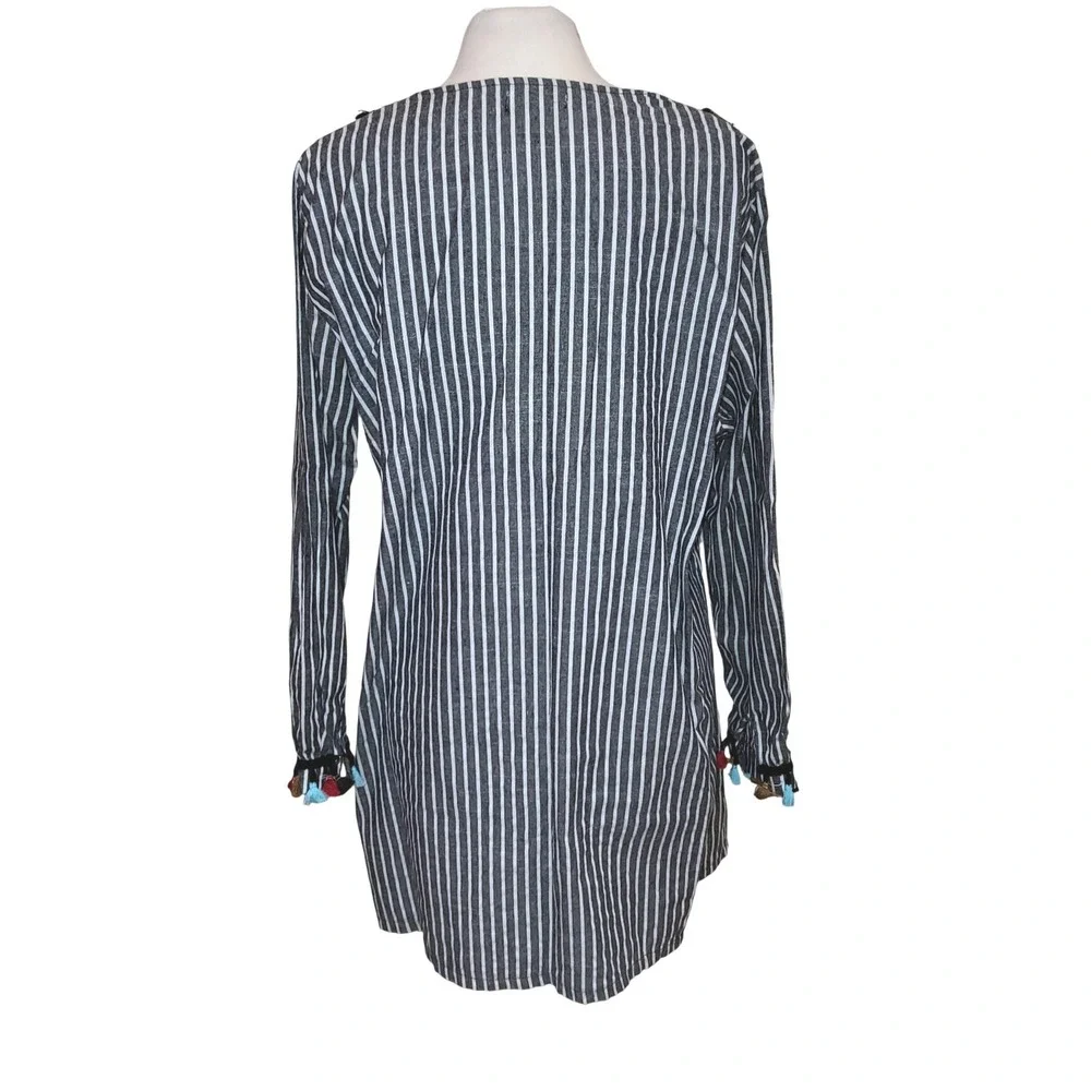 Velzera Gray Stripe Embroidered Boho Middle Eastern Tassel Tunic Dress Plus 1X